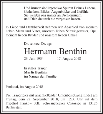 Traueranzeige von Hermann Benthin von Märkische Oderzeitung