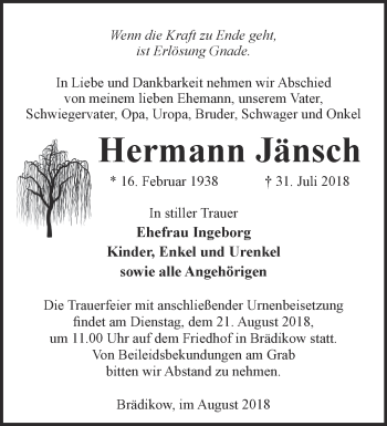 Traueranzeige von Hermann Jänsch von Märkische Oderzeitung