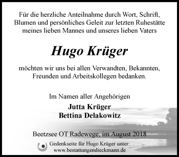 Traueranzeige von Hugo Krüger von Märkische Oderzeitung