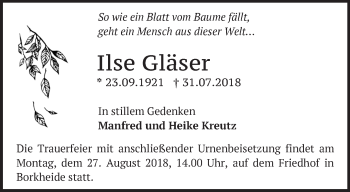 Traueranzeige von Ilse Gläser von Märkische Oderzeitung