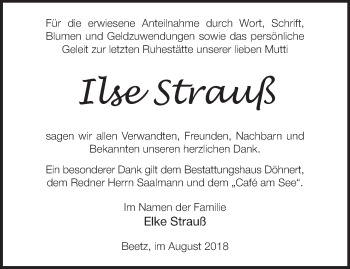 Traueranzeige von Ilse Strauß von Märkische Oderzeitung