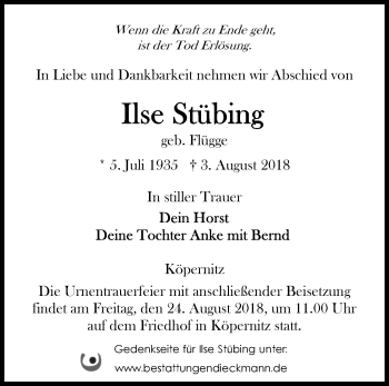 Traueranzeige von Ilse Stübing von Märkische Oderzeitung