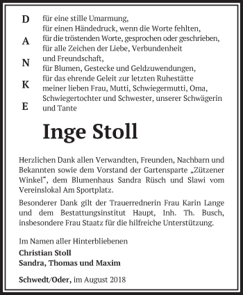 Traueranzeige von Inge Stoll von Märkische Oderzeitung