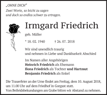 Traueranzeige von Irmgard Friedrich von Märkische Oderzeitung