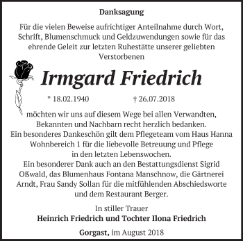 Traueranzeige von Irmgard Friedrich von Märkische Oderzeitung