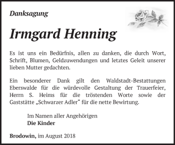 Traueranzeige von Irmgard Henning von Märkische Oderzeitung