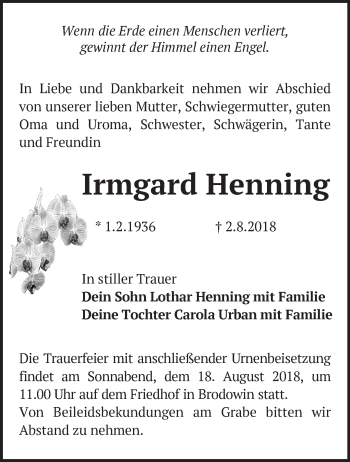 Traueranzeige von Irmgard Henning von Märkische Oderzeitung