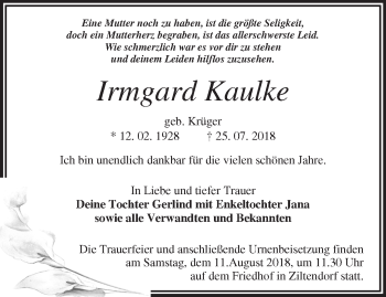 Traueranzeige von Irmgard Kaulke von Märkische Oderzeitung