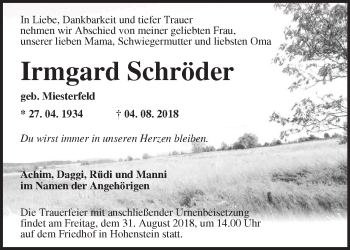 Traueranzeige von Irmgard Schröder von Märkische Oderzeitung