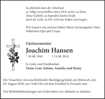 Traueranzeige von Joachim Hansen von Märkische Oderzeitung