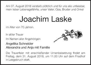 Traueranzeige von Joachim Laske von Märkische Oderzeitung