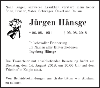 Traueranzeige von Jürgen Hänsge von Märkische Oderzeitung