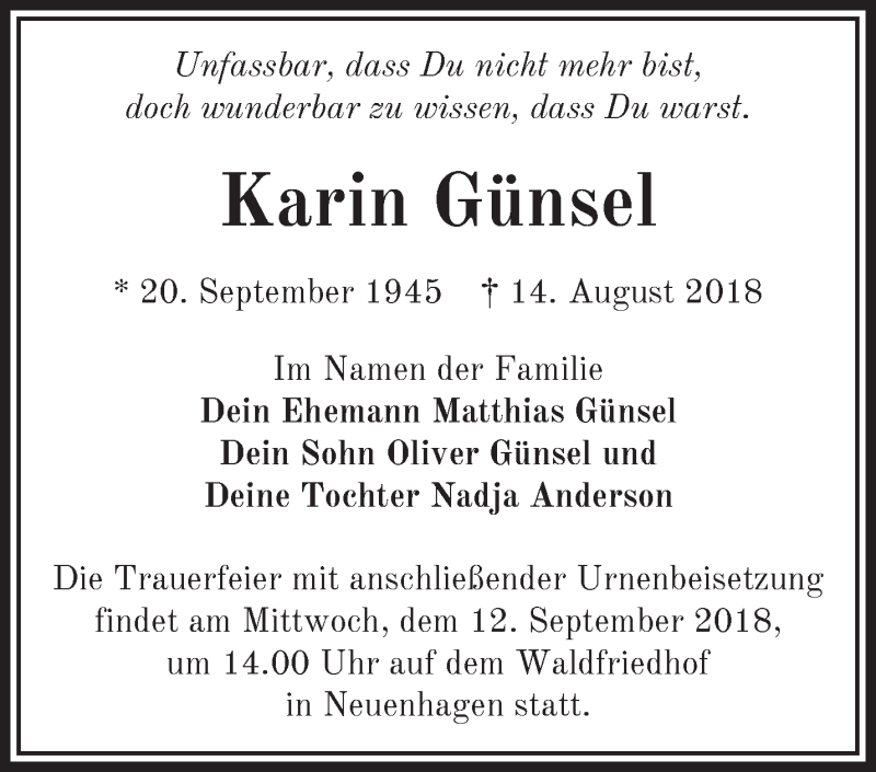  Traueranzeige für Karin Günsel vom 25.08.2018 aus Märkische Oderzeitung