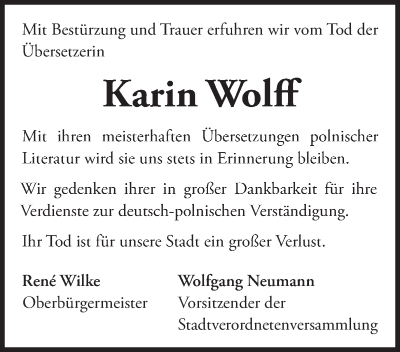 Traueranzeigen Von Karin Wolff Märkische Onlinezeitung Trauerportal