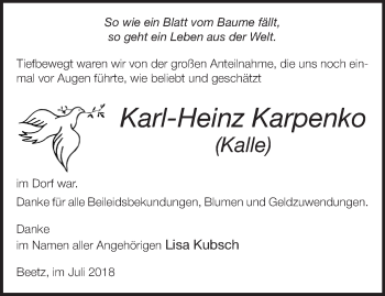 Traueranzeige von Karl-Heinz Karpenko von Märkische Oderzeitung