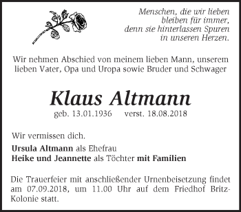 Traueranzeige von Klaus Altmann von Märkische Oderzeitung