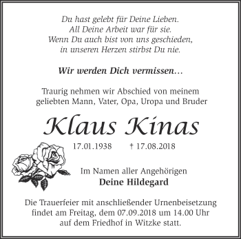 Traueranzeige von Klaus Kinas von Märkische Oderzeitung