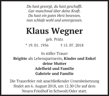 Traueranzeige von Klaus Wegner von Märkische Oderzeitung