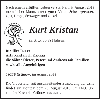 Traueranzeige von Kurt Kristan von Märkische Oderzeitung