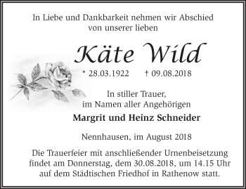 Traueranzeige von Käte Wild von Märkische Oderzeitung