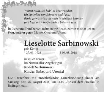 Traueranzeige von Lieselotte Sarbinowski von Märkische Oderzeitung