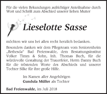 Traueranzeige von Lieselotte Sasse von Märkische Oderzeitung