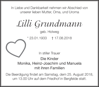 Traueranzeige von Lilli Grundmann von Märkische Oderzeitung