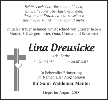 Traueranzeige von Lina Dreusicke von Märkische Oderzeitung