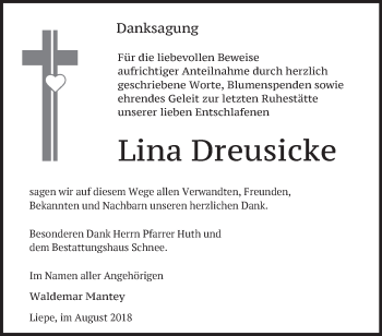 Traueranzeige von Lina Dreusicke von Märkische Oderzeitung