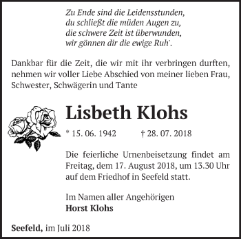 Traueranzeige von Lisbeth Klohs von Märkische Oderzeitung