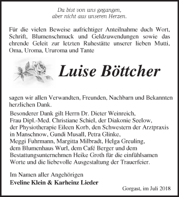 Traueranzeige von Luise Böttcher von Märkische Oderzeitung