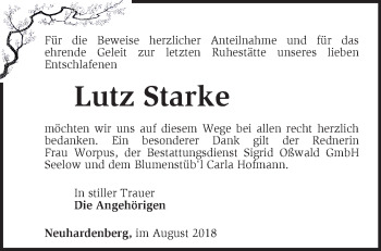 Traueranzeige von Lutz Starke von Märkische Oderzeitung