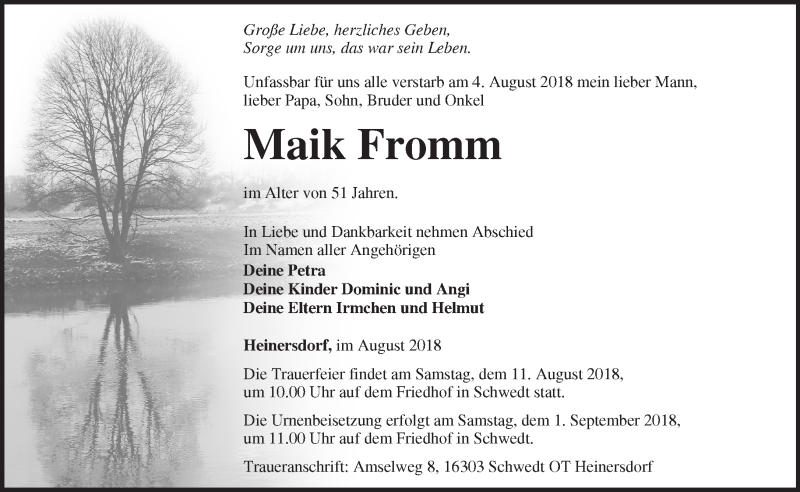  Traueranzeige für Maik Fromm vom 08.08.2018 aus Märkische Oderzeitung