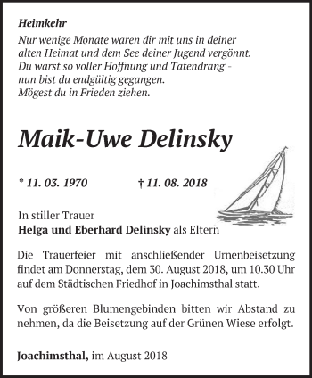 Traueranzeige von Maik-Uwe Delinsky von Märkische Oderzeitung