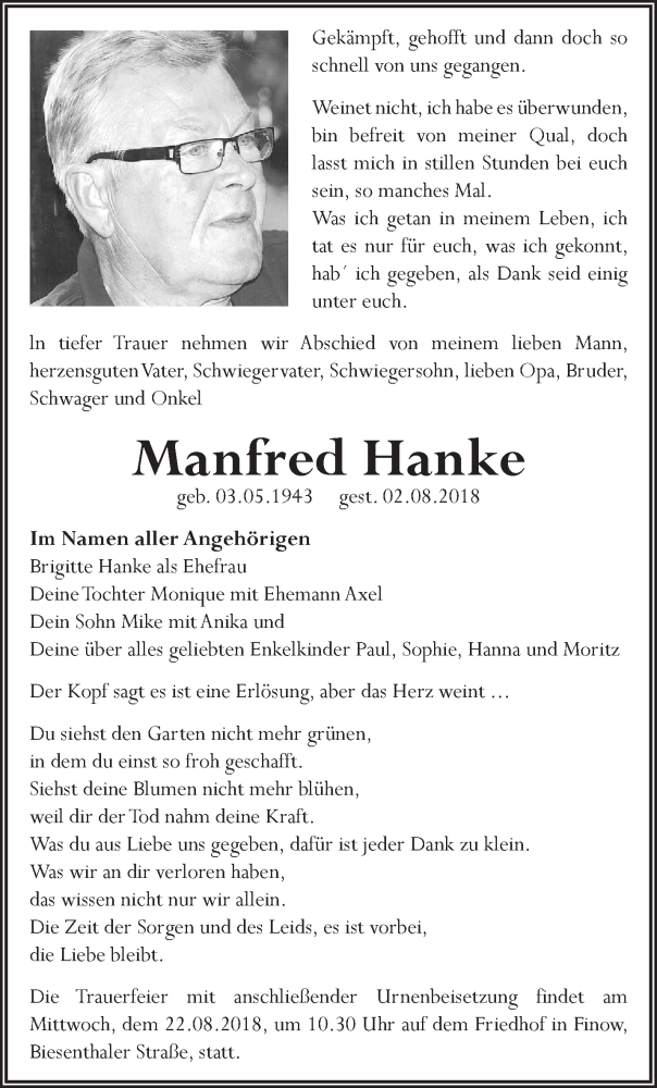  Traueranzeige für Manfred Hanke vom 12.08.2018 aus Märkische Oderzeitung