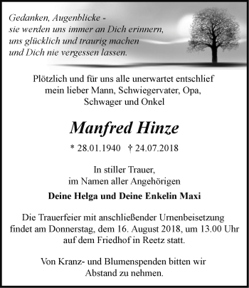 Traueranzeige von Manfred Hinze von Märkische Oderzeitung