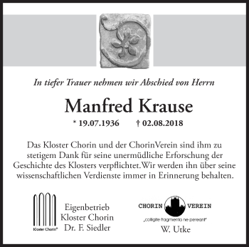 Traueranzeige von Manfred Krause von Märkische Oderzeitung