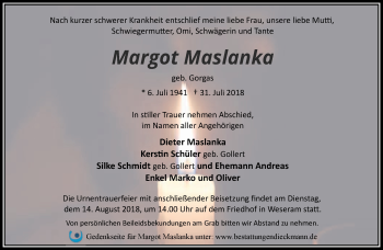 Traueranzeige von Margot Maslanka von Märkische Oderzeitung