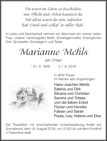 Traueranzeige von Marianne Mehls von Märkische Oderzeitung