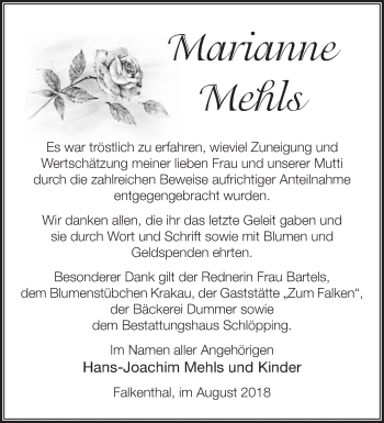 Traueranzeige von Marianne Mehls von Märkische Oderzeitung