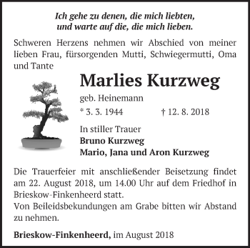 Traueranzeige von Marlies Kurzweg von Märkische Oderzeitung