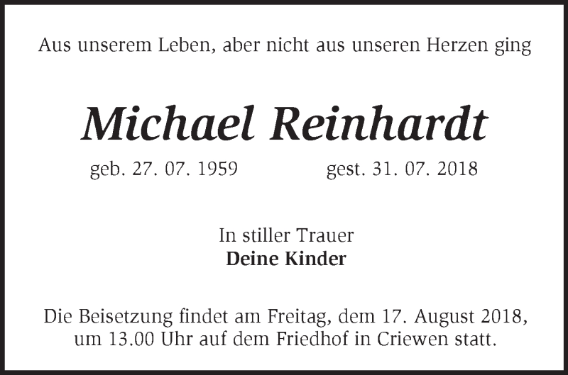 Traueranzeigen von Michael Reinhardt Märkische Onlinezeitung Trauerportal