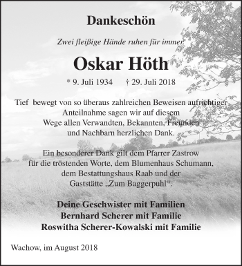 Traueranzeige von Oskar Höth von Märkische Oderzeitung