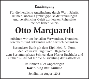 Traueranzeige von Otto Marquardt von Märkische Oderzeitung