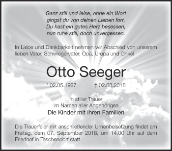 Traueranzeige von Otto Seeger von Märkische Oderzeitung