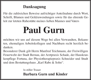 Traueranzeige von Paul Gurn von Märkische Oderzeitung