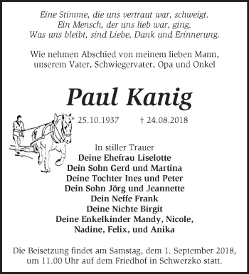 Traueranzeige von Paul Kanig von Märkische Oderzeitung