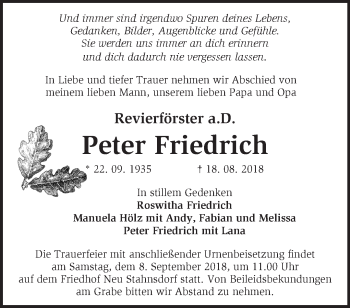 Traueranzeige von Peter Friedrich von Märkische Oderzeitung