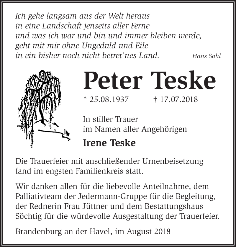  Traueranzeige für Peter Teske vom 12.08.2018 aus Märkische Oderzeitung