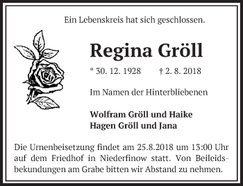 Traueranzeige von Regina Gröll von Märkische Oderzeitung